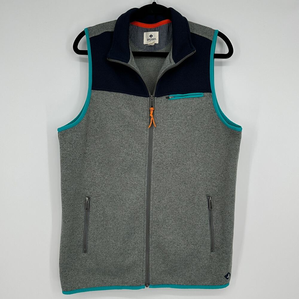 Sperry Vest Grey Navy Color Block Fleece Full Zip Nautical Preppy Mens Large